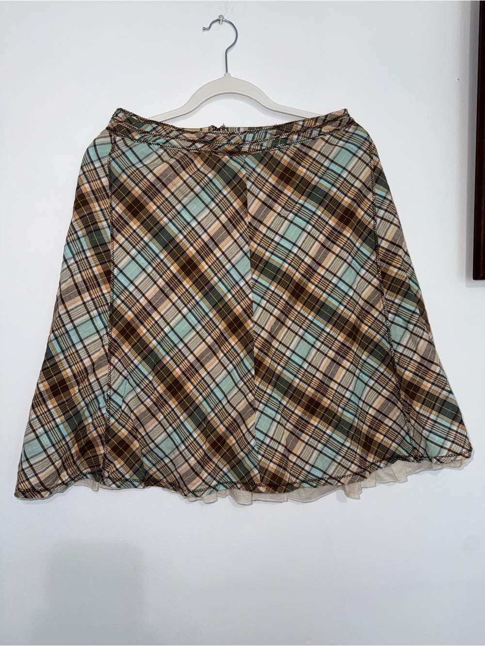 Y2K Plaid Circle Skirt in Aqua, Brown and Cream